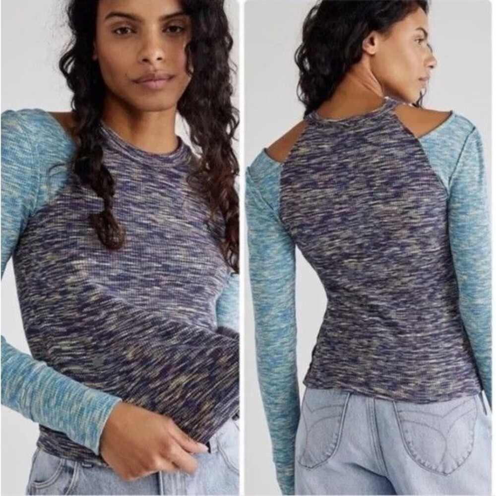 Free People Out of Control Top Shirt Women's Small Blue Cold Shoulder Casual